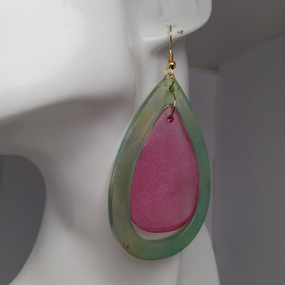 Pink and green resin earrings
